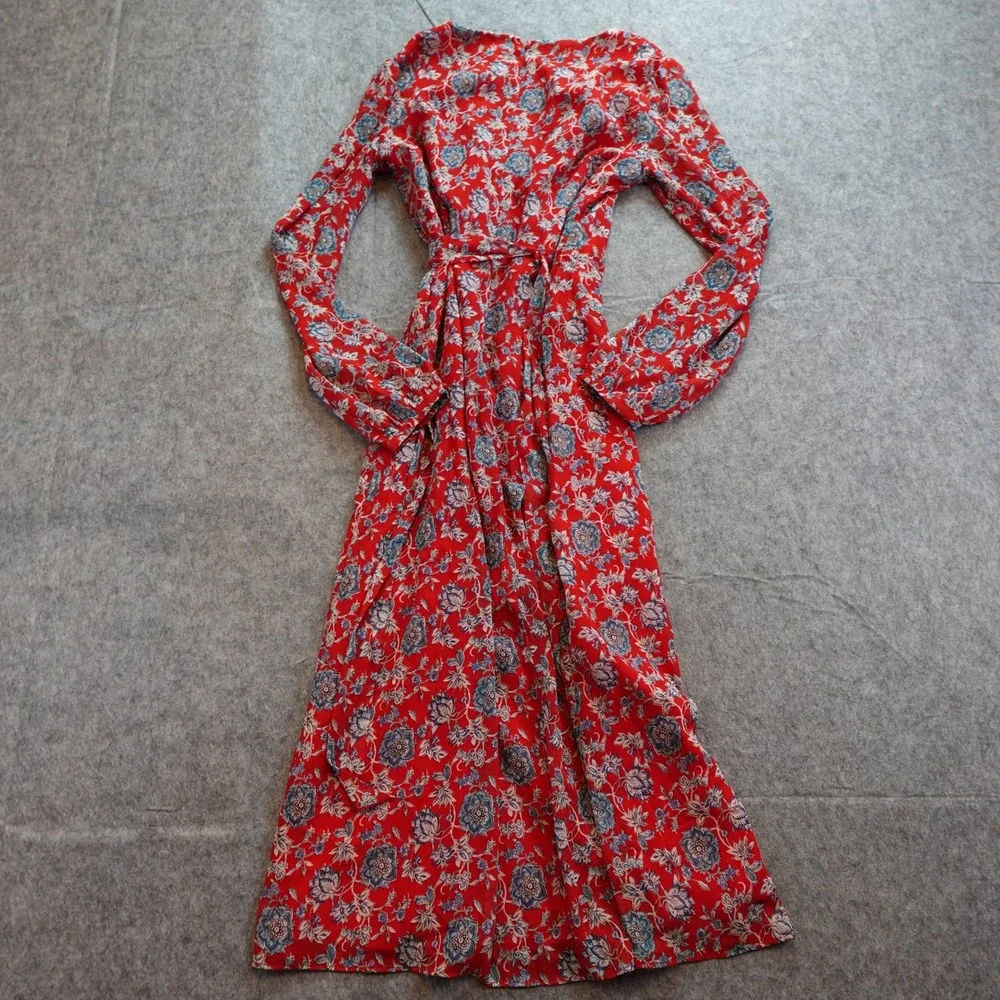 Ralph Lauren Dress Womens 4 Petite Red Floral Fit Flare Midi Georgette Puff Slv - Picture 6 of 11